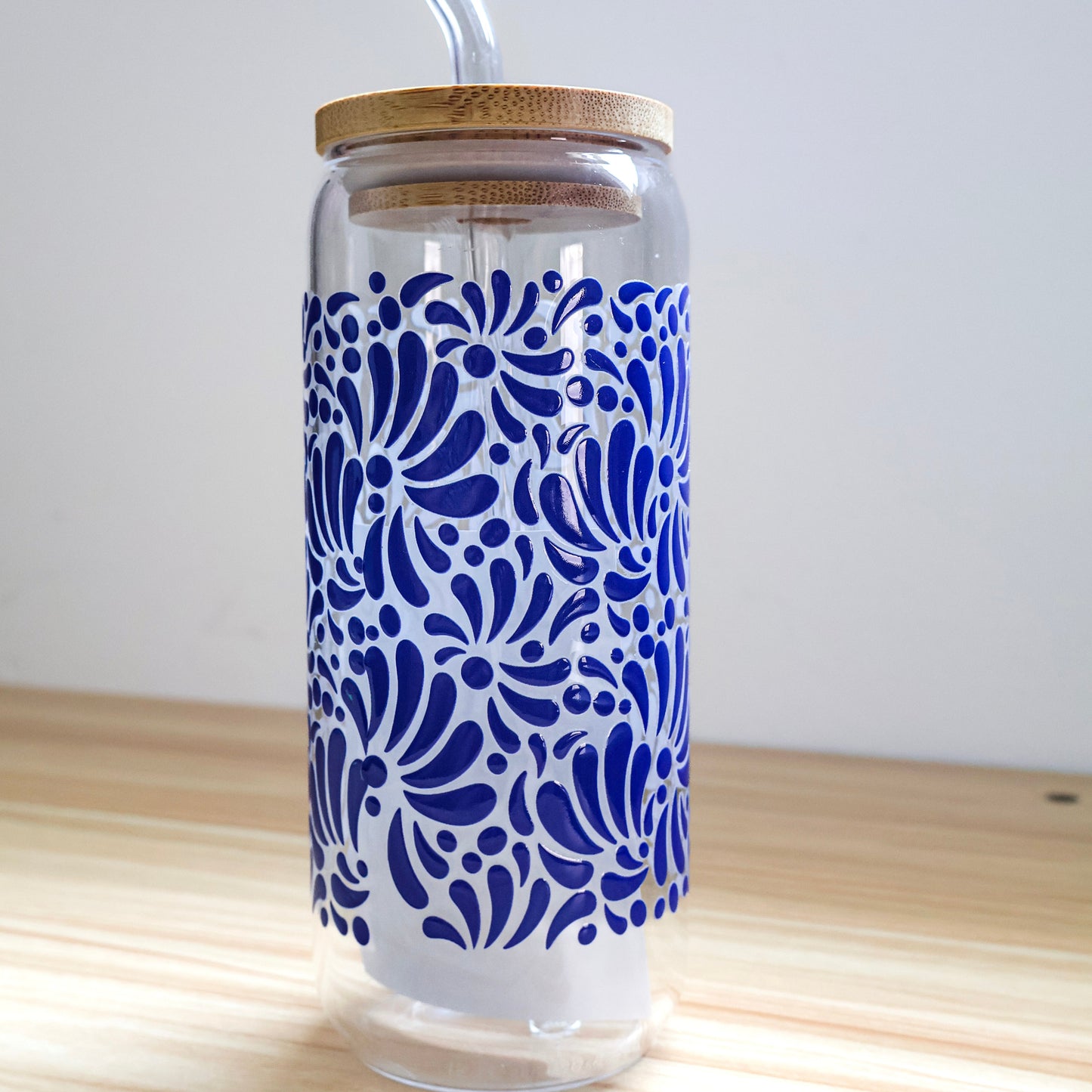 20oz Blue Floral Glass with Lid and Straw | Stylish Drink Cup