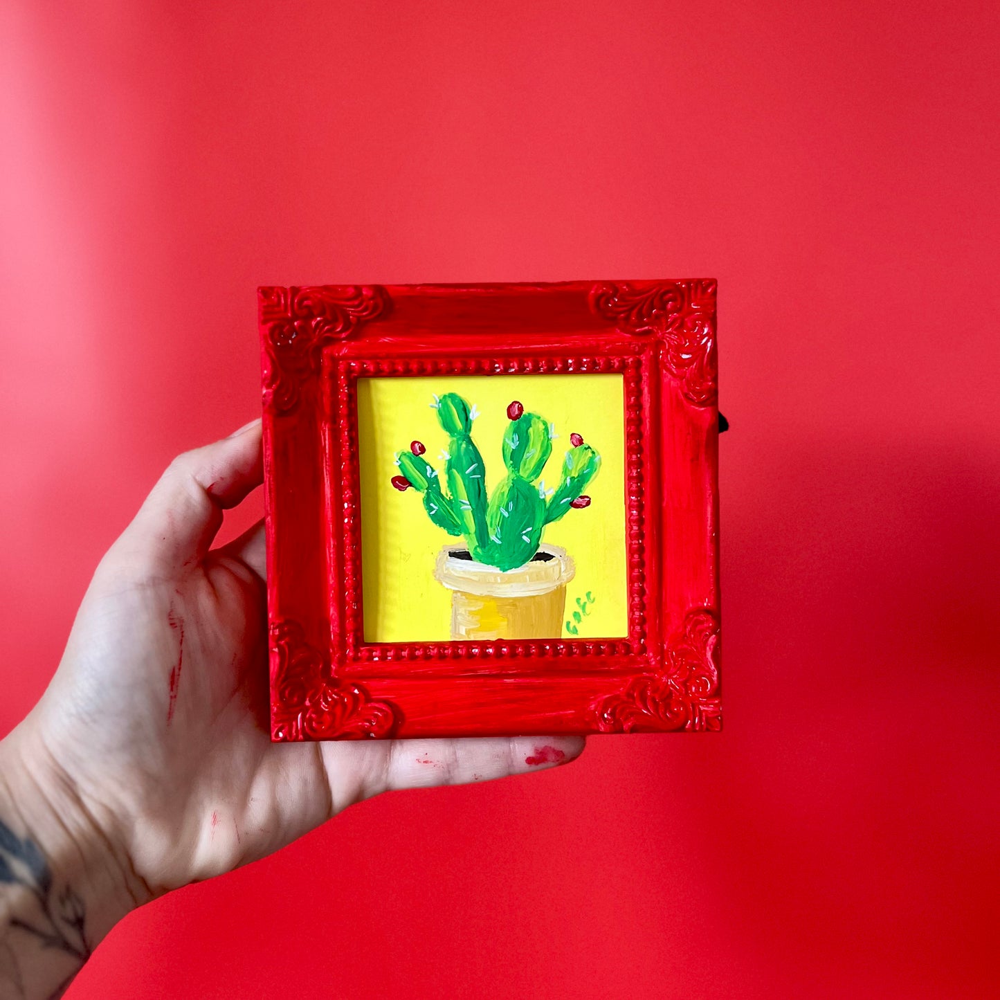 “CACTUS" ORIGINAL HANDMADE PAINTING 4X4 FRAMED