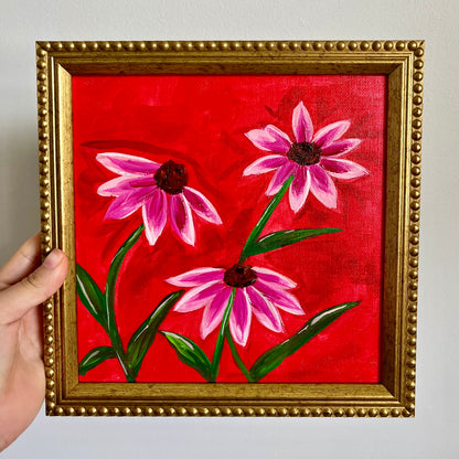 ”LAS FLORES ” ORIGINAL HANDMADE PAINTING 8x8 FRAMED