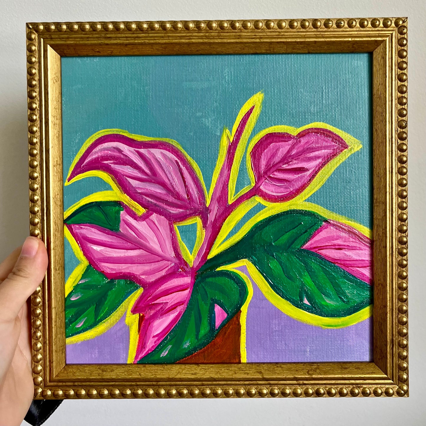”MONSTERA ROSA ” ORIGINAL HANDMADE PAINTING 8x8 FRAMED