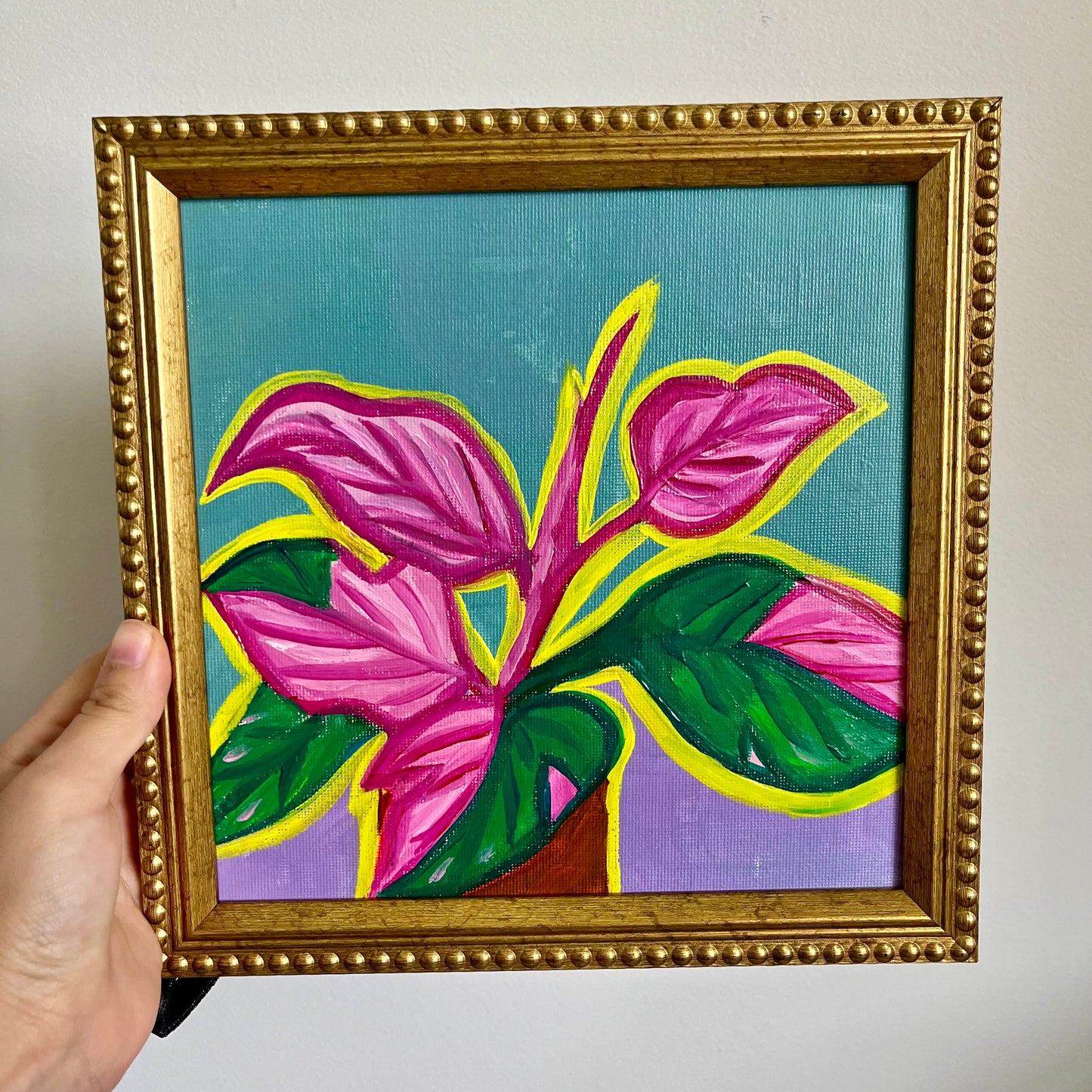 ”MONSTERA ROSA ” ORIGINAL HANDMADE PAINTING 8x8 FRAMED