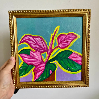 ”MONSTERA ROSA ” ORIGINAL HANDMADE PAINTING 8x8 FRAMED