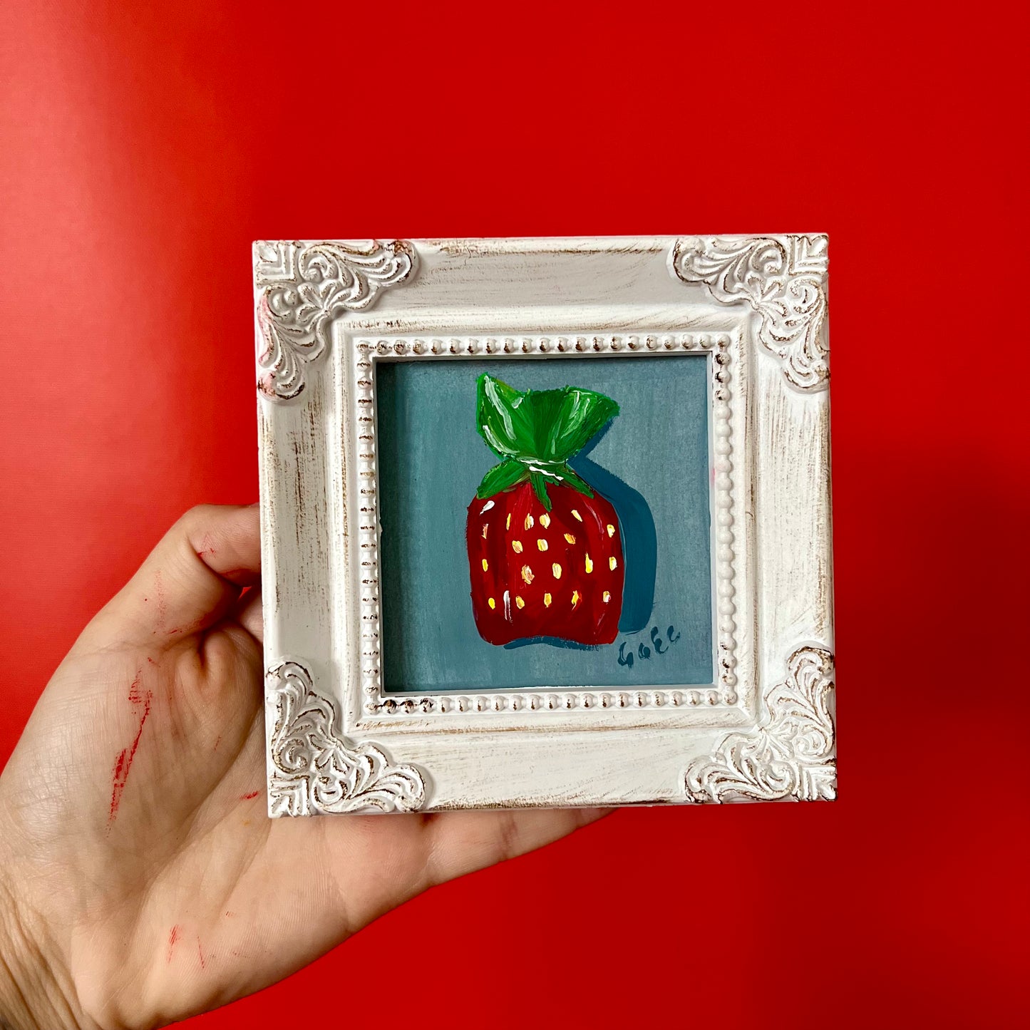 "DULCE DE FRESA" ORIGINAL HANDMADE PAINTING 4X4 FRAMED