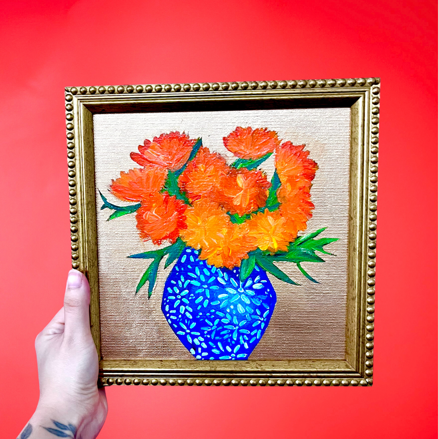 “CEMPASÚCHIL ” ORIGINAL HANDMADE PAINTING 8x8 FRAMED